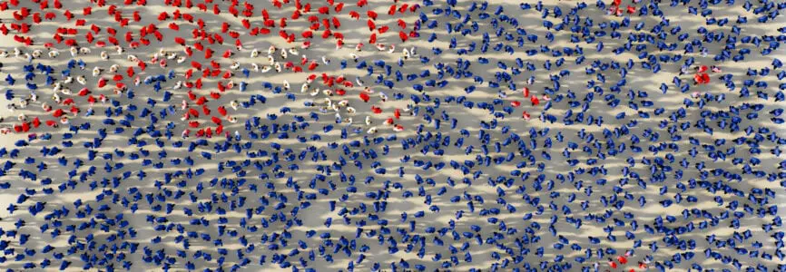 Large group of people forming New Zealand national flag in social media and community concept on white background. 3d sign of crowd illustration from above gathered together