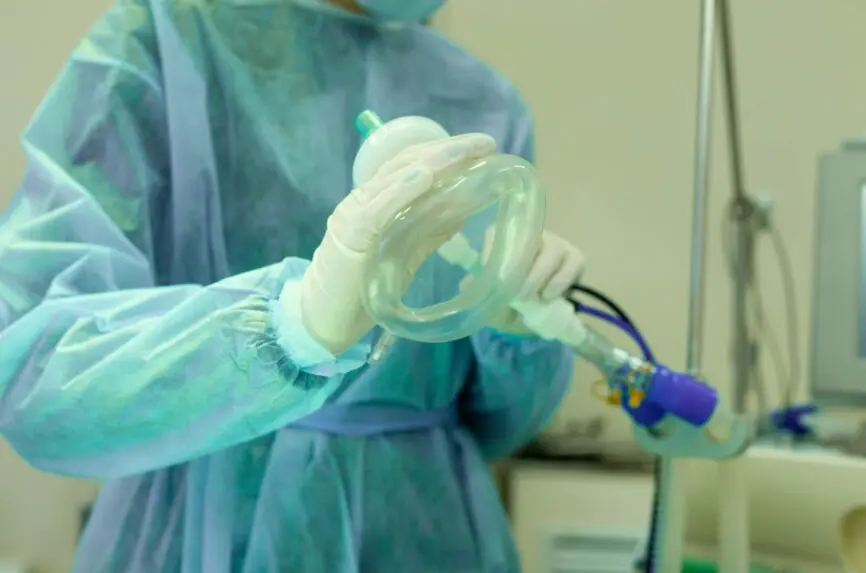 assisted ventilation. Breathing circuit of patient on the ventilator in ICU. coronavirus pandemic