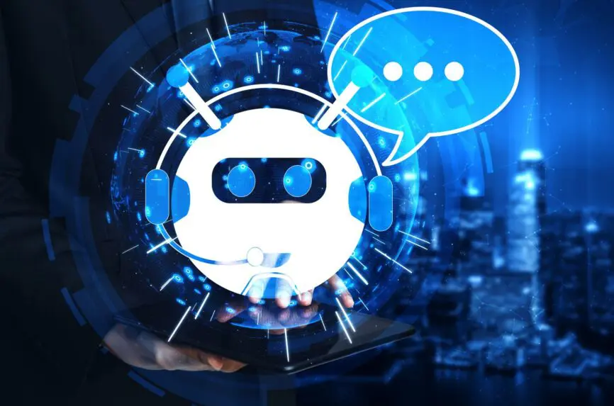 AI Chatbot smart digital customer service application concept. Computer or mobile device application using artificial intelligence chat bot automatic reply online message to help customers instantly.