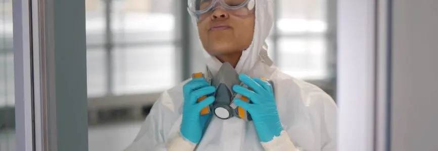 Portrait of african doctor in ppe suit removing respiratory mask and relaxing near window. Tired woman medical worker in biohazard overall putting off safety mask and breathing fresh air