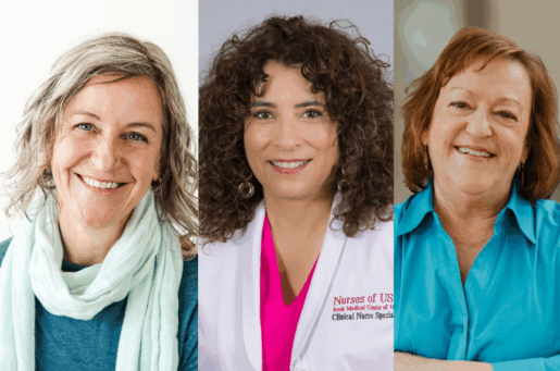 three white women, with blond, brunette, red hair