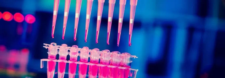 Droppers and Test Tubes, both filled with a pink liquid on a soft blue background