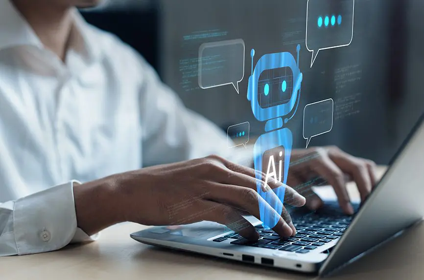 Human interacting with AI artificial intelligence virtual assistant chatbot