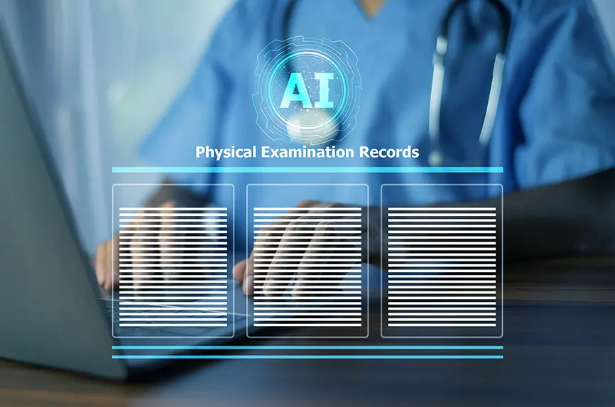 Doctor using AI technology to analyze patient records and improve healthcare efficiency.Healthcare professional employing AI algorithms to optimize patient care and data handling.