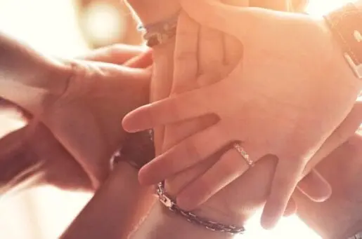 many hands holding each other in the sunlight