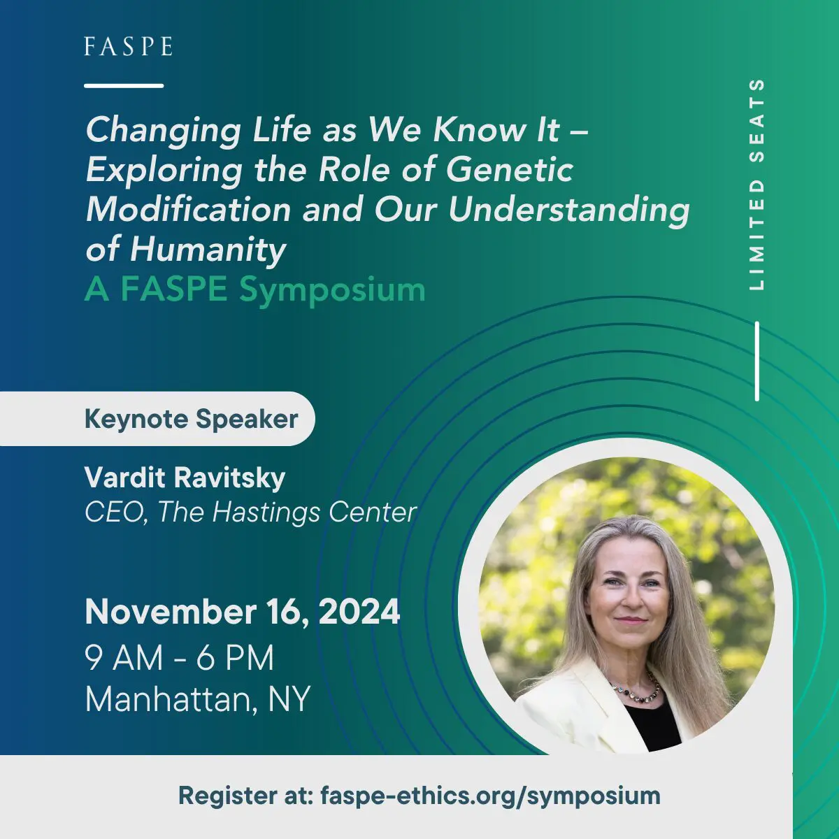 FASPE Symposium Post poster for the FASPE symposium, with photo of Hastings president, blond white woman in white jacket