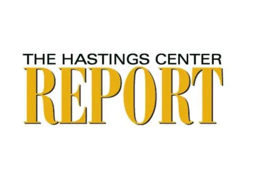 gold letters on white background that say hastings center report