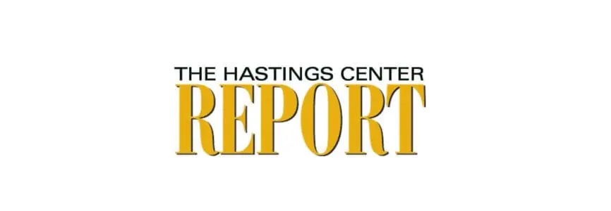 gold letters on white background that say hastings center report