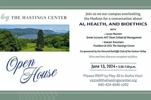 invitation to hastings center open house, with photo of the building and the garden
