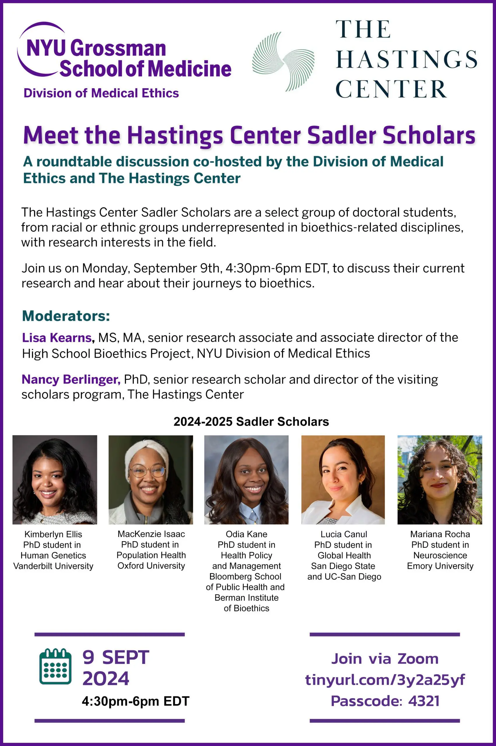 Sadler Scholars Roundtable Discussion flyer announcing an event, with five photos of speakers