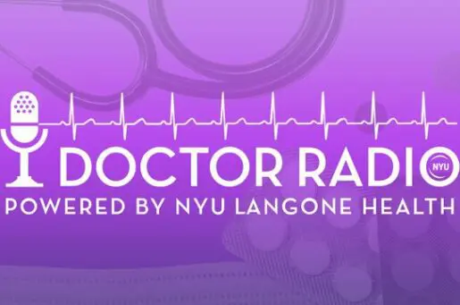 purple banner with pills and medical tools for the background design for Doctor Radio from NYU Langone Health.