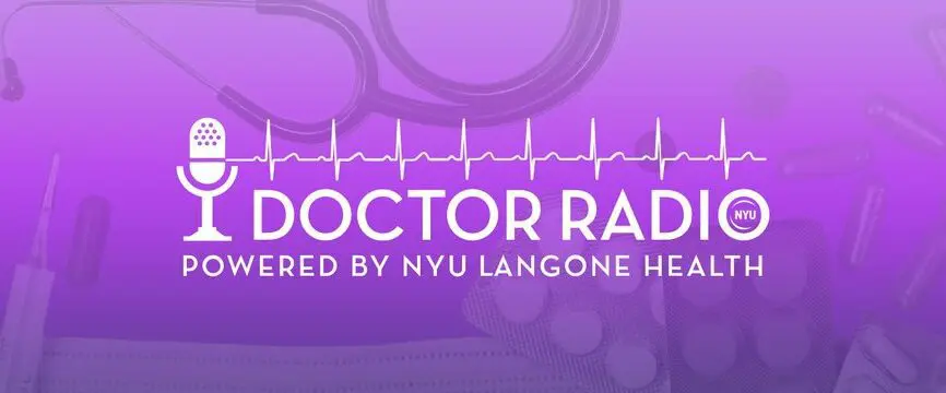 purple banner with pills and medical tools for the background design for Doctor Radio from NYU Langone Health.