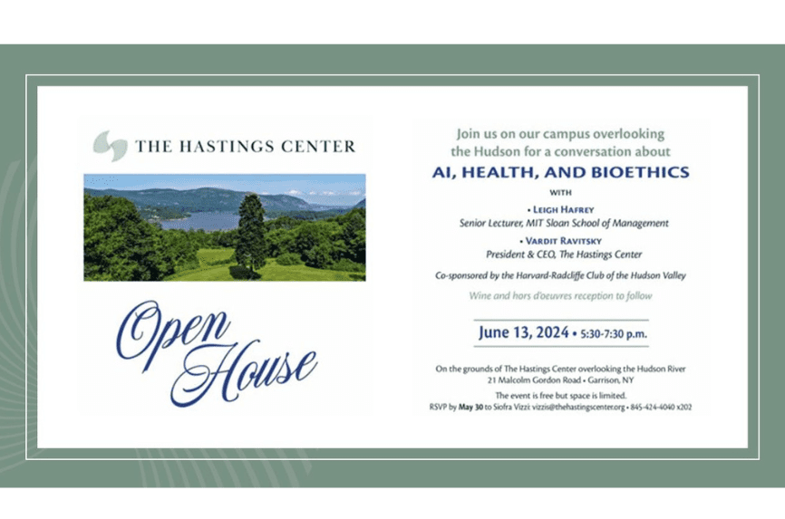 Untitled design (59) a typed invitation to the hastings center's open house, with a photo of the lawn with a tree