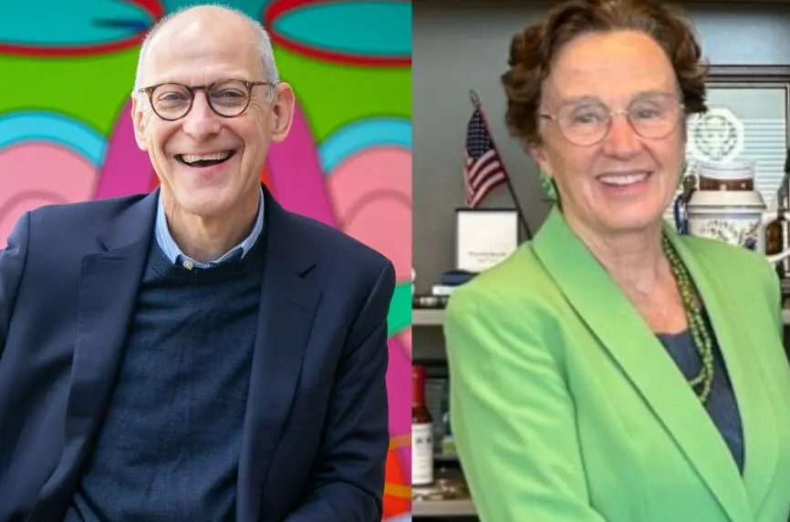 older white man and older white woman smiling