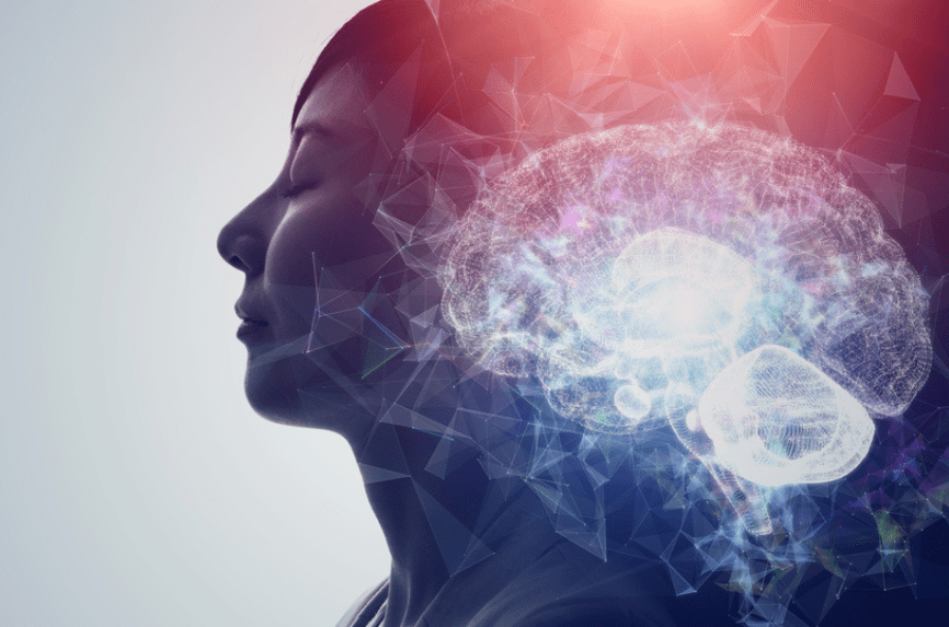 silhouette pf woman with image of brain behind her.