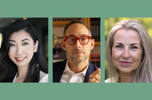 panel of asian woman, white man with red glasses and blond white woman