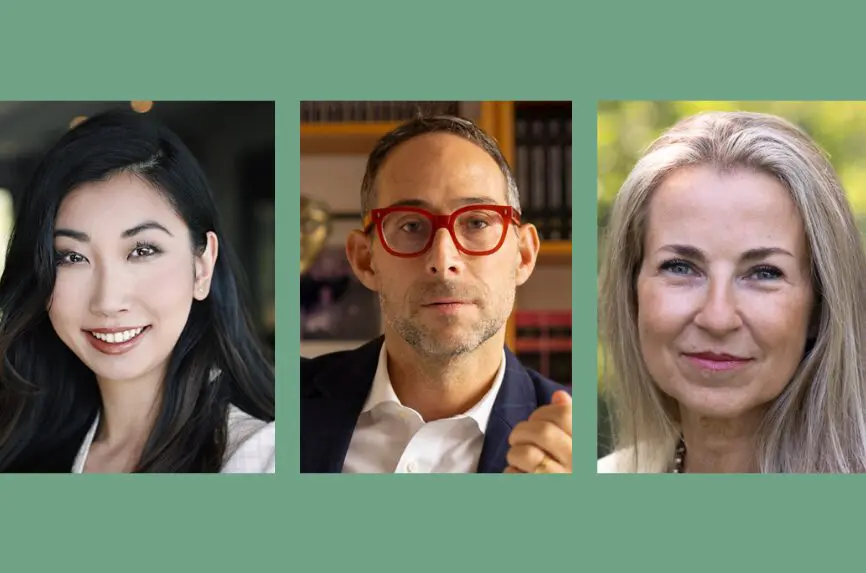 panel of asian woman, white man with red glasses and blond white woman