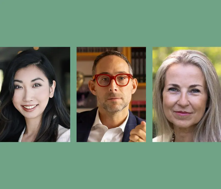 panel of asian woman, white man with red glasses and blond white woman