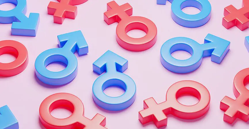 Male and female gender symbols. Crowd of people by gender symbol. 3d render.