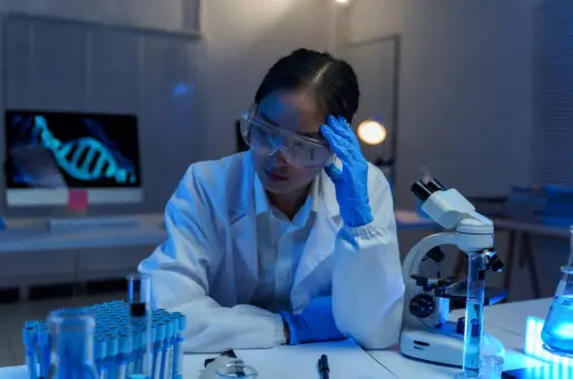 asian woman in blue latex gloves in hospital setting