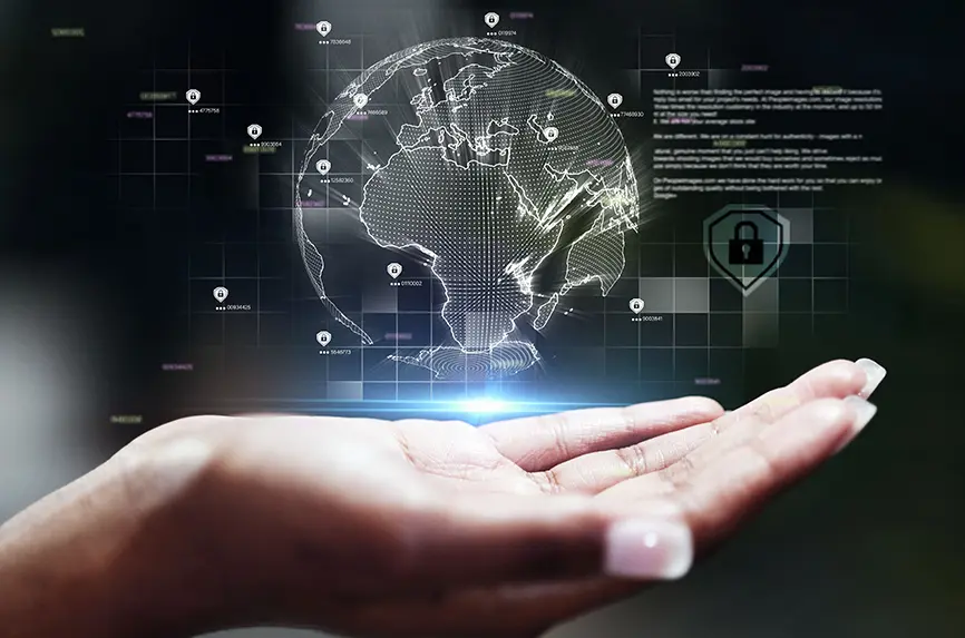 Global network, future technology and hand with hologram for data protection, networking or ai. Earth, globe or 3d world for cybersecurity, cloud computing or innovation in digital hacking or gdpr