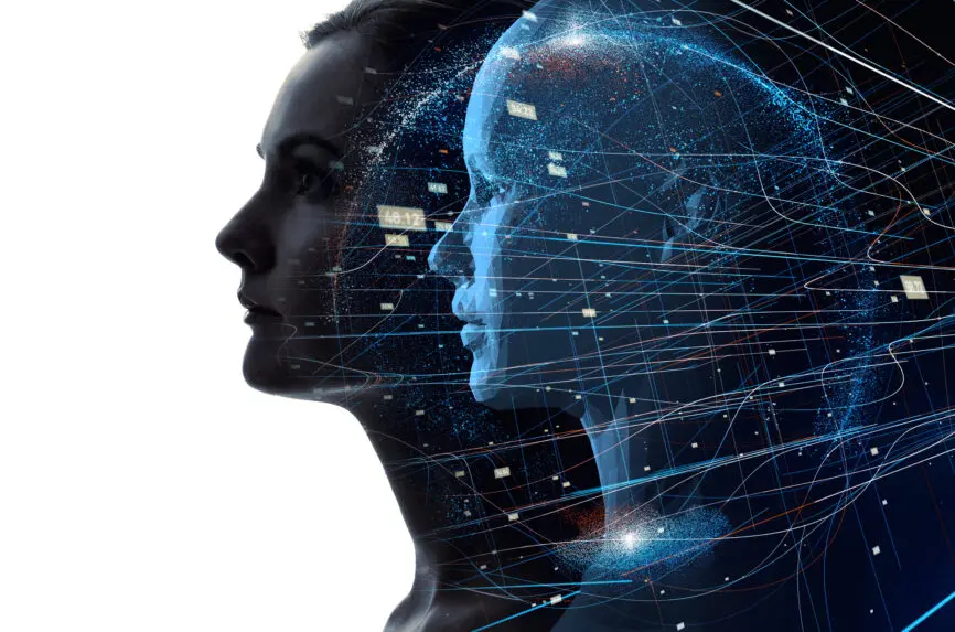 profiles of a woman and her electronic digital twin