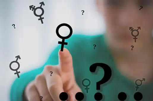 male and female gender signs and question mark