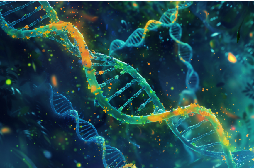 blue, yellow, and green DNA spirals on a navy background