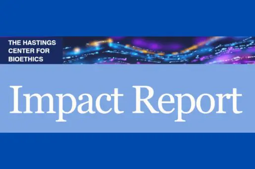 white words "impact report" on blue background