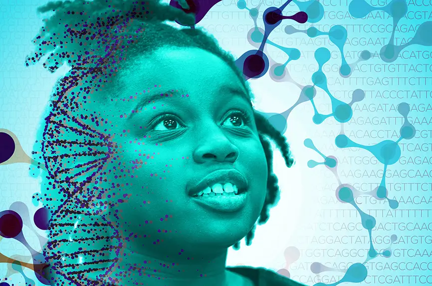smiling child with dna strands across her face