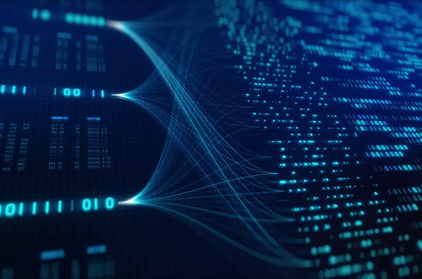 Big Data Analytics Neural Network Data Flow Visualization, AI Machine Learning, Quantum Computing, Binary Code Digital Grid, Futuristic Artificial Intelligence Technology Abstract Background