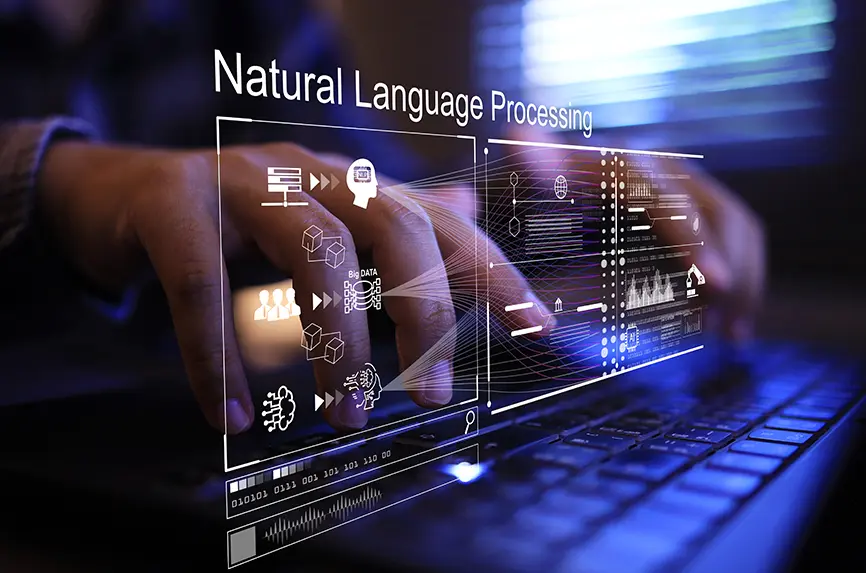 developer working on NLP, fingers on keyboard