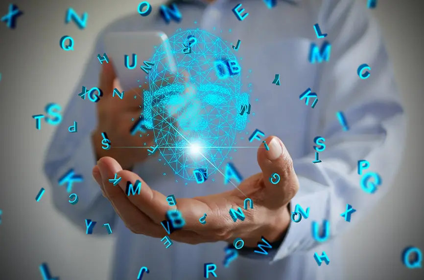 AI speaks letters, text-to-speech or TTS, text-to-voice, speech synthesis applications, generative Artificial Intelligence, futuristic technology in language and communication.