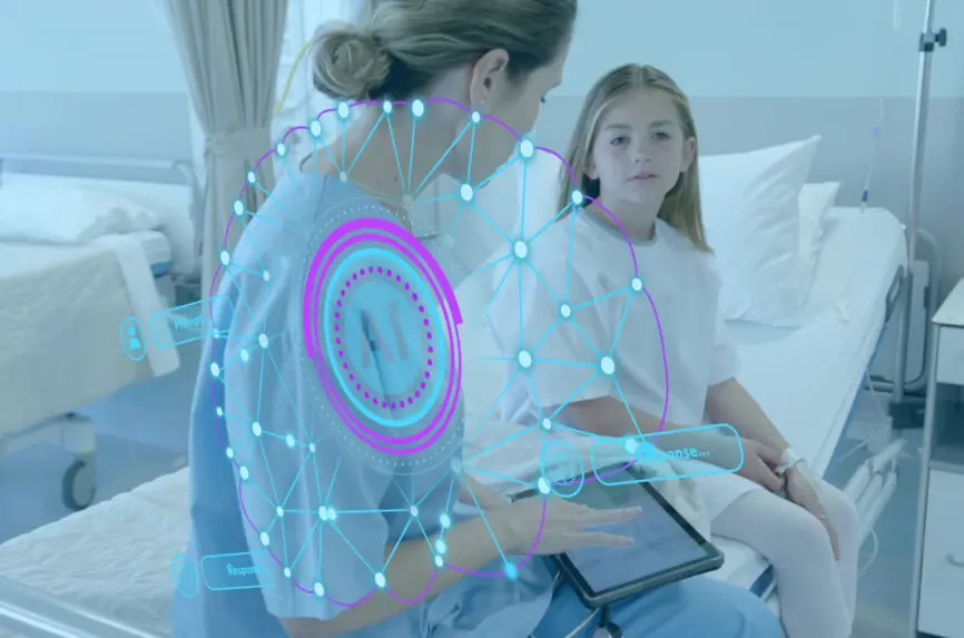 Nurse interacting with girl patient at hospital bedside, holographic AI on tablet, IV stand. Healthcare, telemedicine, futuristic, technology, patient care, medical innovation, hospital