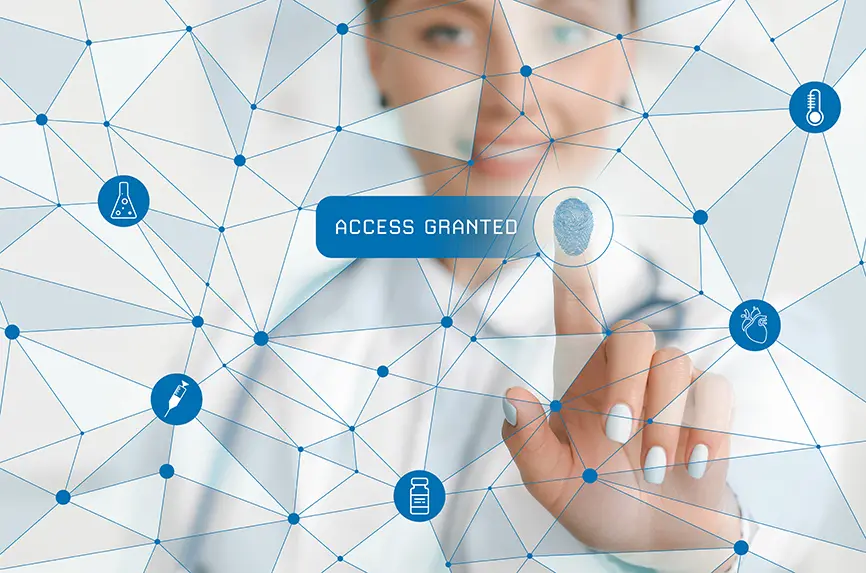 Female doctor logging into electronic patient account.
