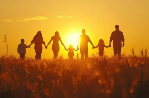 people holding hands walking into the sunset