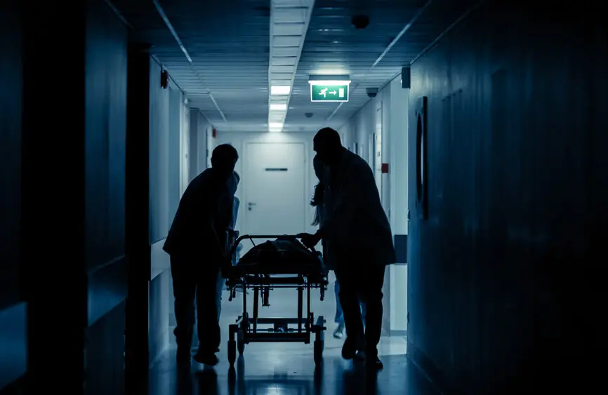 person on gurney pushed by medical staff down a dark hall