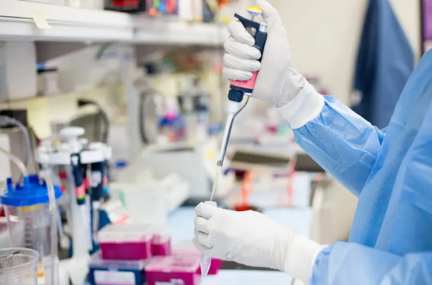 gloved hands doing science experiment in lab