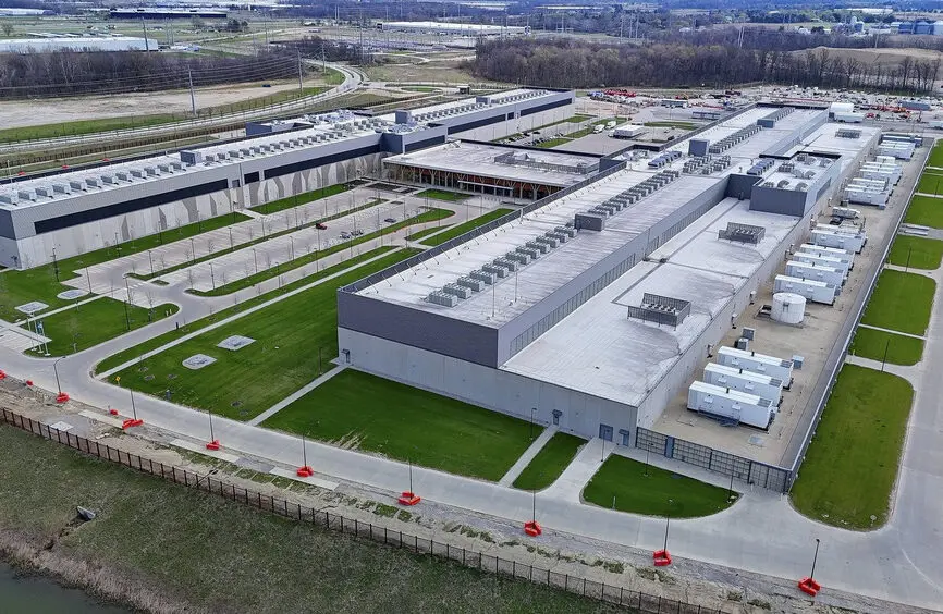 NEW ALBANY, OH - APRIL 13, 2026: An aerial view of the Meta Prometheus data center, building 1, The Hub
