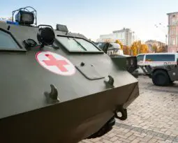 Medical supplies in Ukraine being transported by tanks with a Red Cross on them