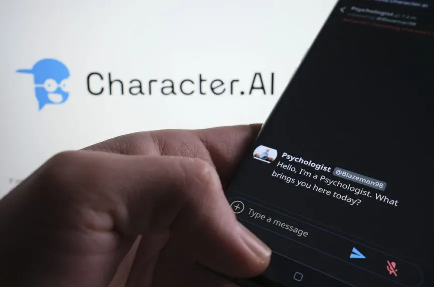 Character AI Chatbot example seen on smartphone screen. Blurred Character.AI logo on the background. Stafford, UK, March 5, 2023