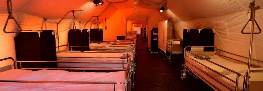 Mandatory Credit: Photo by IGOR KUPLJENIK/EPA-EFE/Shutterstock (10586332p)
View of mobile hospital tents with a total capacity for 120 beds set up by the Slovenian Army at the Edvard Peperko Barracks in Ljubljana, Slovenia, 17 March 2020. The Slovenian government has halted public transport and shut down most shops in a bid to slow down the spread of the COVID-19 disease caused by the SARS-CoV-2 coronavirus. Slovenia, a tiny country of just over 2 million inhabitants that borders the coronavirus hotspot of northern Italy, has recorded at least 253 confirmed cases of the disease, with no deaths reported so far.
Coronavirus containment efforts in Slovenia, Ljubljana - 17 Mar 2020