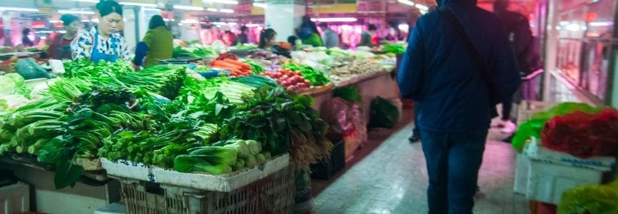 WUHAN,CHINA - April 4, 2019 - Market stand selling vegetables inside street food market.