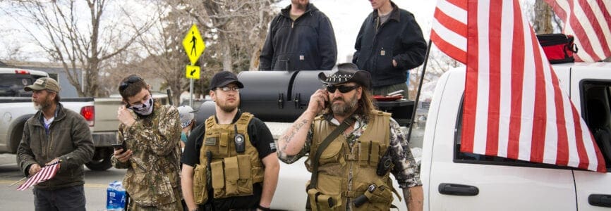 Helena, Montana - April 19, 2020: Yellowstone Militia of Billings, armed group of men carrying guns and weapons, protecting constitutional rights and freedoms at a rally at Montana's state capital.