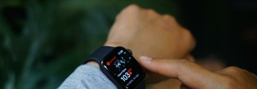 Bali Indonesia August 7, 2020 : Close up hand monitoring Heart Rate on smart watch