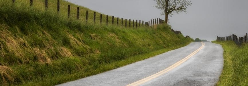 Narrow rural Virginia country road passing through  pasture lands on low hills boarded by fence and a lone tree.