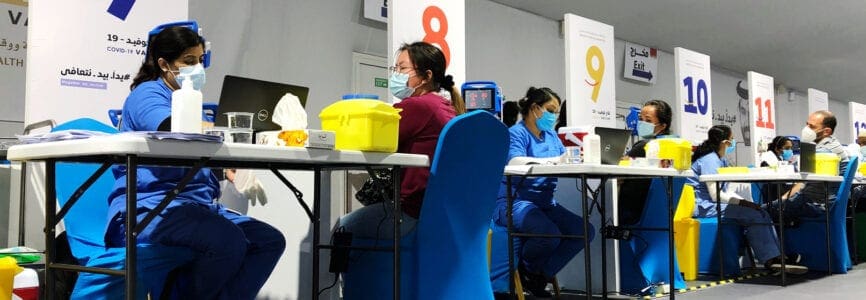 People in the Vaccination facility in Dubai getting their Covid vaccine administered