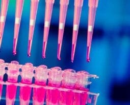 Droppers and Test Tubes, both filled with a pink liquid on a soft blue background