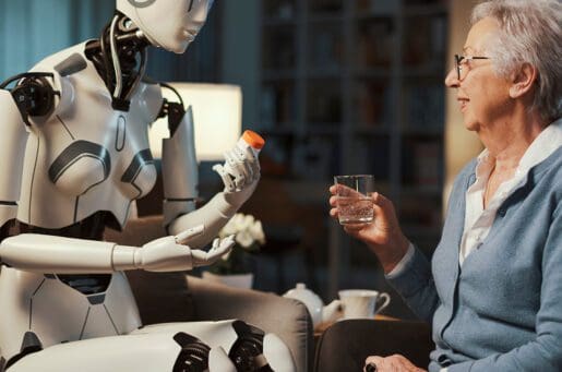 robot helping older woman take medication