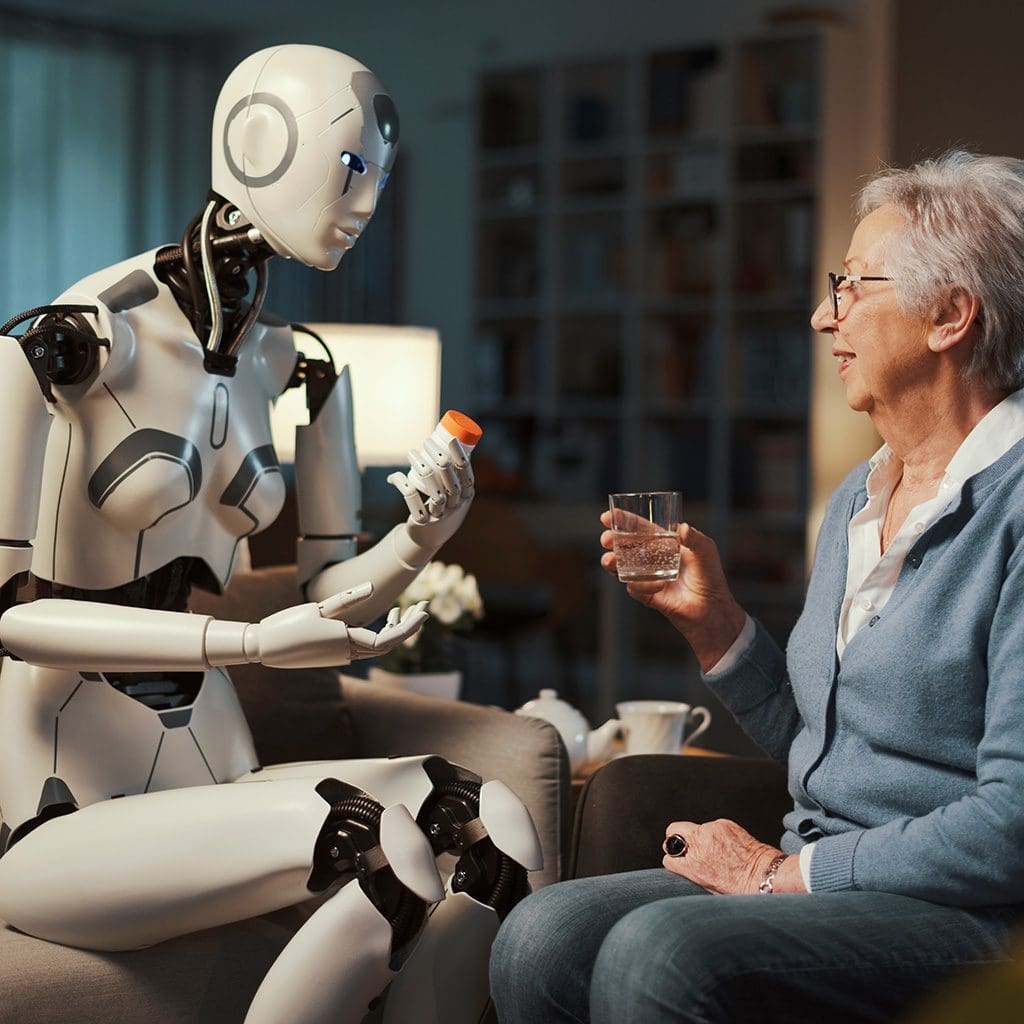 robot helping older woman take medication